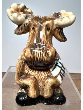 Ceramic Moose Figurine Salt Shaker With Plaid Scarf And Glossy Finish
